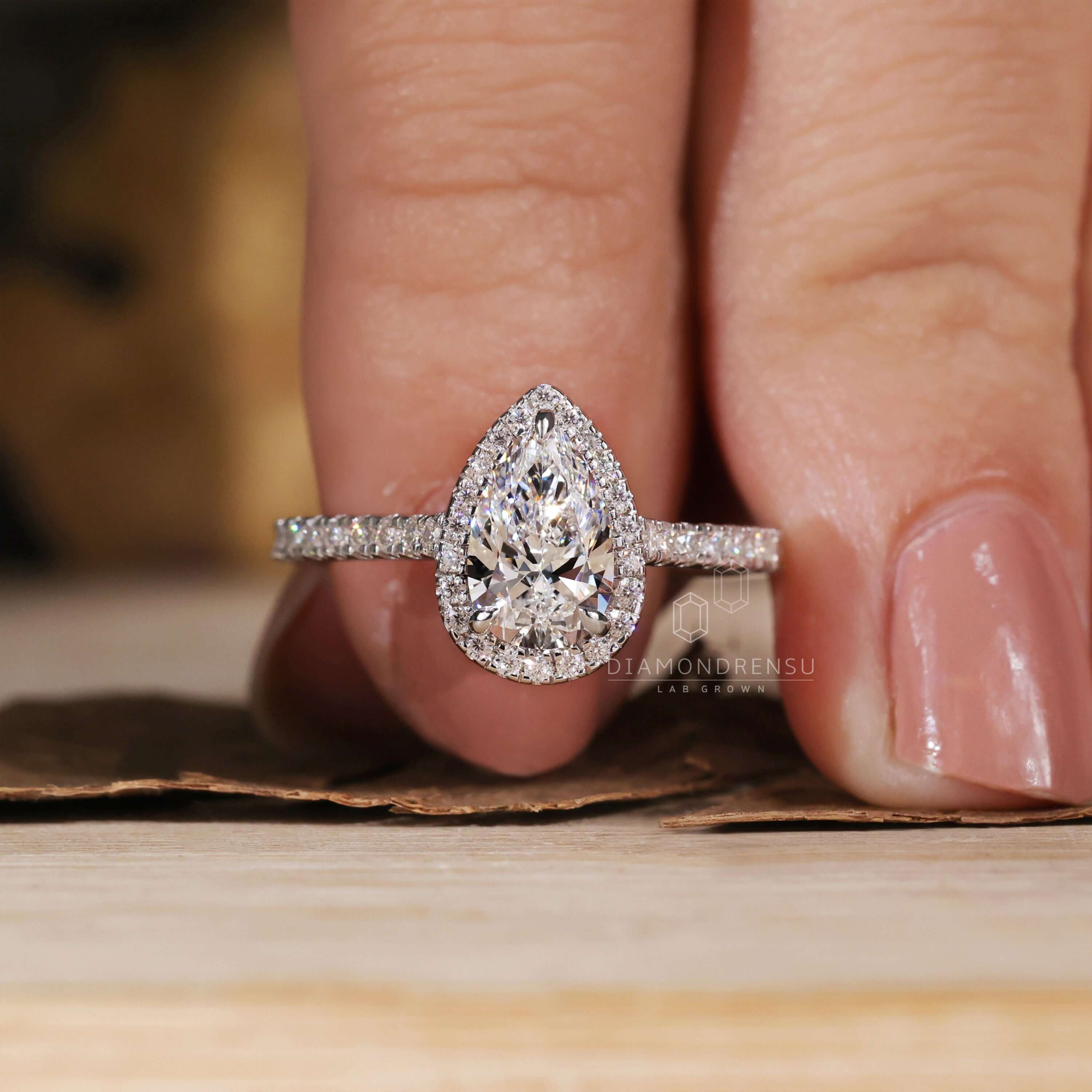 Pear Shaped Diamond Ring, Pear Lab Grown Diamond Halo Engagement Ring 18K Gold
